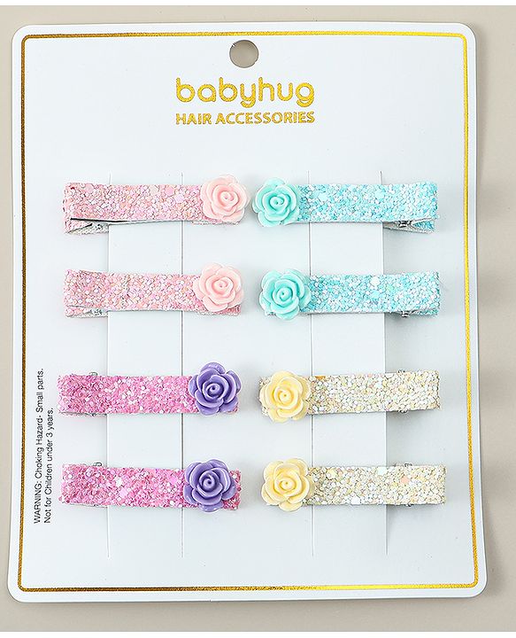 Babyhug Hair Clips with Floral Applique Free Size Pack Of 8 - Multicolor