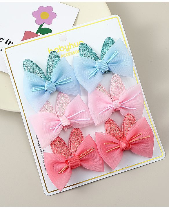 Babyhug Snap Clips with Bow Applique - Pink Blue & Light Orange