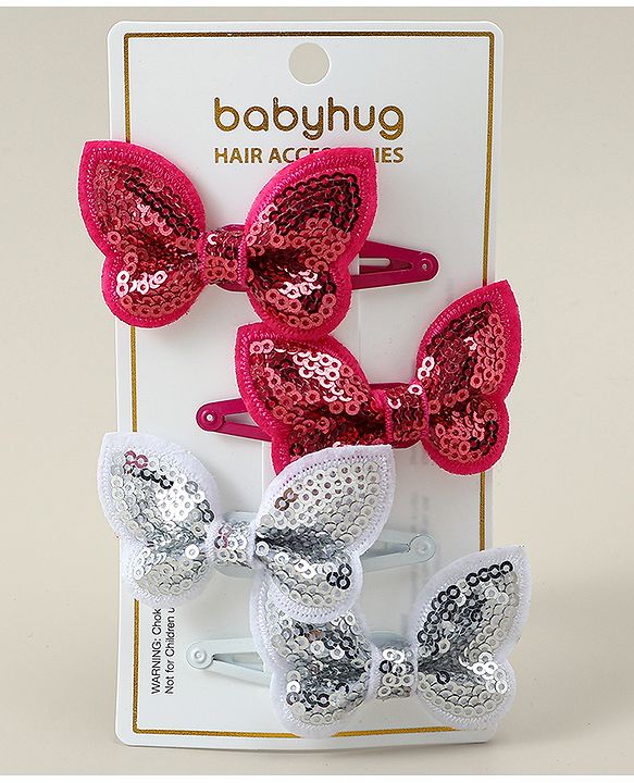 Babyhug Snap Clips with Butterfly Applique Pack of 4 - Fuchsia & White