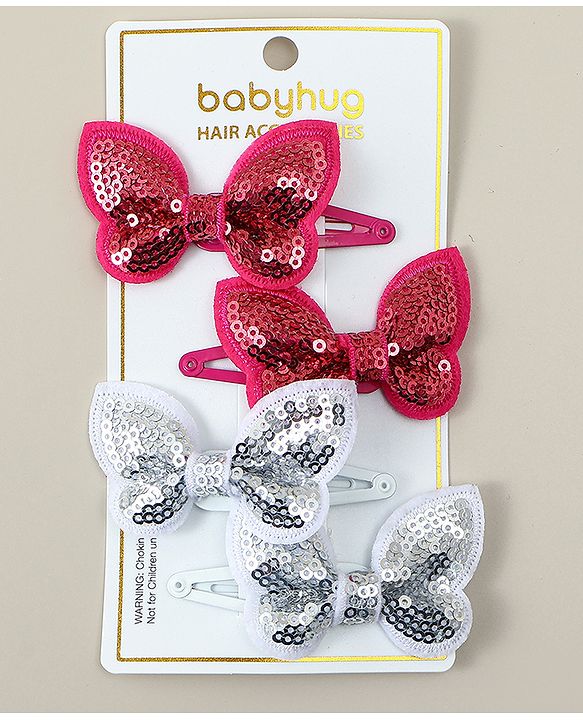 Babyhug Snap Clips with Butterfly Applique Pack of 4 - Fuchsia & White