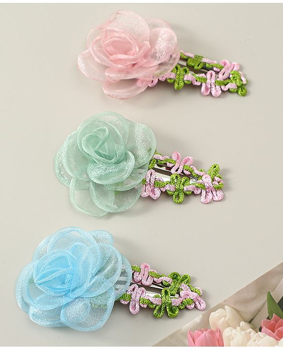 Babyhug Snap Clips with Floral Applique Pack of 3 - Pink Green & Blue