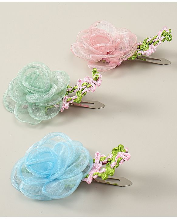 Babyhug Snap Clips with Floral Applique Pack of 3 - Pink Green & Blue