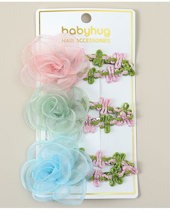 Babyhug Snap Clips with Floral Applique Pack of 3 - Pink Green & Blue