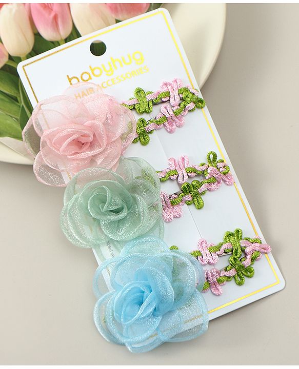 Babyhug Snap Clips with Floral Applique Pack of 3 - Pink Green & Blue