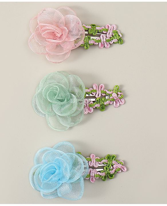 Babyhug Snap Clips with Floral Applique Pack of 3 - Pink Green & Blue