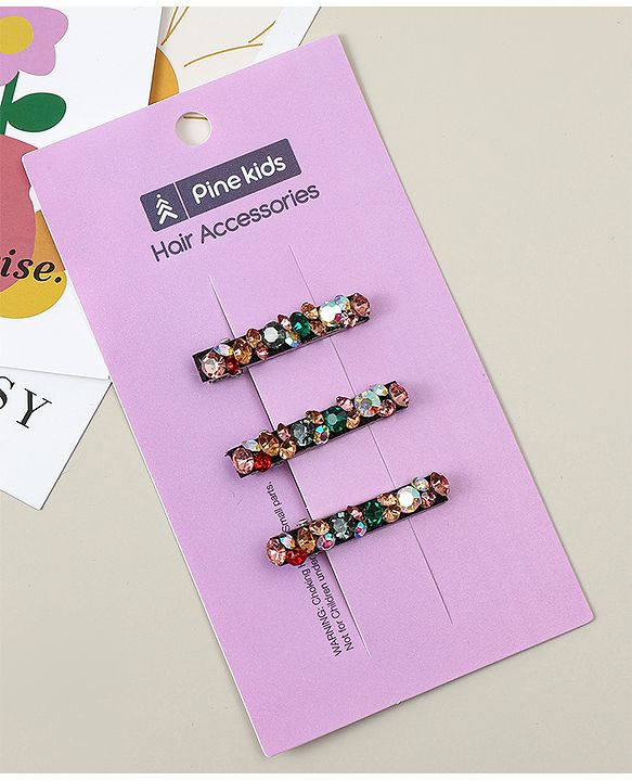 Pine Kids Hair Alligator Pins with Dimand Applique -Multicolor