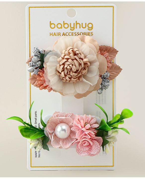 Babyhug Alligator Clips with Floral Applique -  Beige & Pink