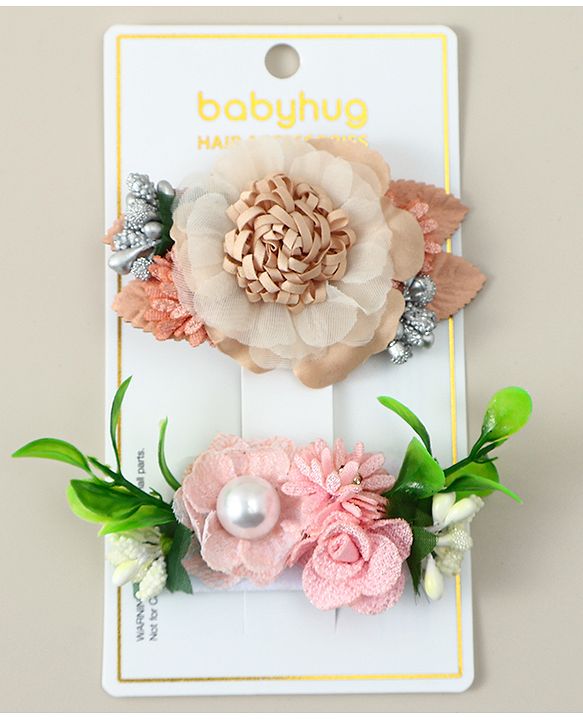 Babyhug Alligator Clips with Floral Applique -  Beige & Pink