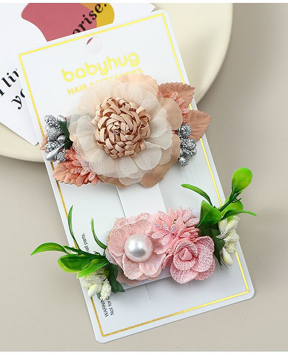 Babyhug Alligator Clips with Floral Applique -  Beige & Pink