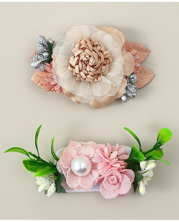 Babyhug Alligator Clips with Floral Applique -  Beige & Pink