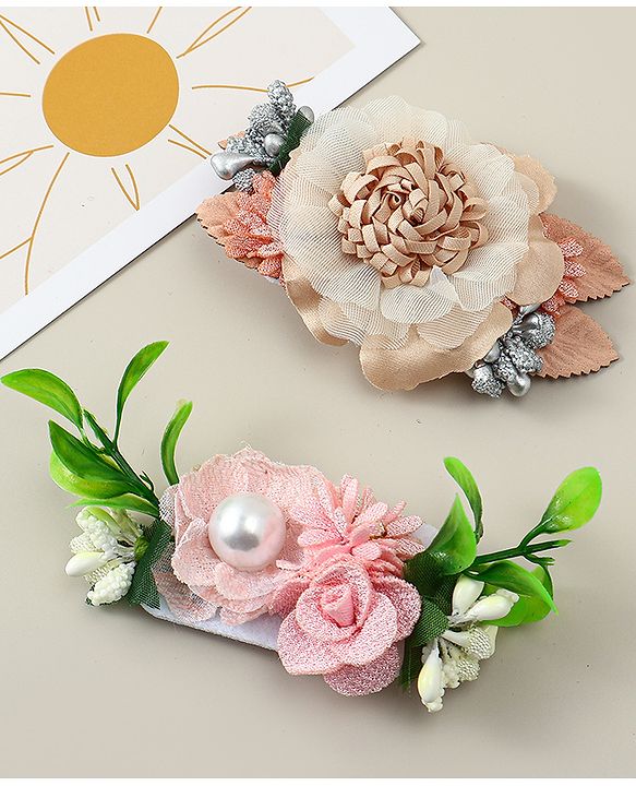 Babyhug Alligator Clips with Floral Applique -  Beige & Pink
