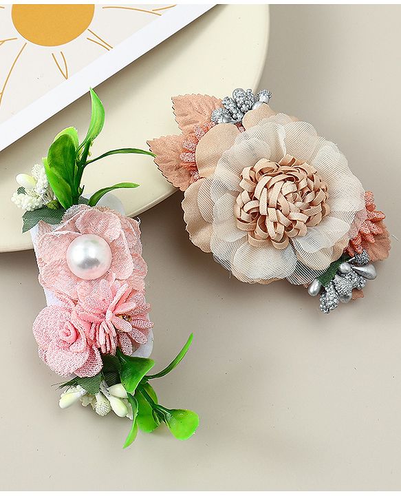 Babyhug Alligator Clips with Floral Applique -  Beige & Pink