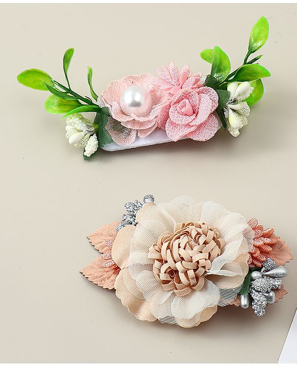 Babyhug Alligator Clips with Floral Applique -  Beige & Pink