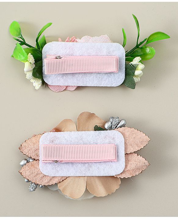 Babyhug Alligator Clips with Floral Applique -  Beige & Pink