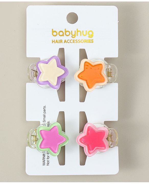 Babyhug Hair Clips with Star Applique Pack of 4 - Purple Orange & Pink