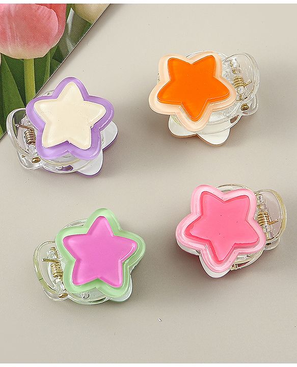 Babyhug Hair Clips with Star Applique Pack of 4 - Purple Orange & Pink
