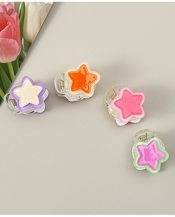 Babyhug Hair Clips with Star Applique Pack of 4 - Purple Orange & Pink