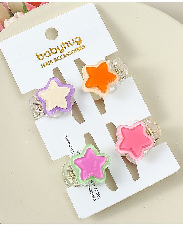 Babyhug Hair Clips with Star Applique Pack of 4 - Purple Orange & Pink