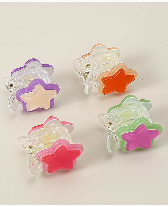 Babyhug Hair Clips with Star Applique Pack of 4 - Purple Orange & Pink