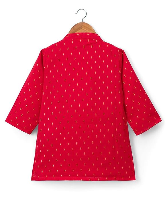 Babyhug Lurex Dobby Woven Full Sleeves Kurta Dhoti Set with Foil Print - Red