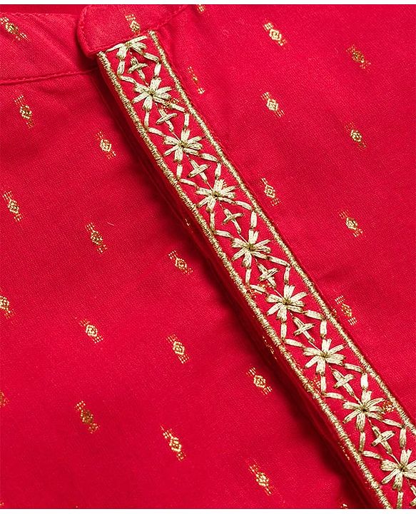 Babyhug Lurex Dobby Woven Full Sleeves Kurta Dhoti Set with Foil Print - Red