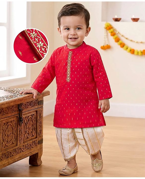 Babyhug Lurex Dobby Woven Full Sleeves Kurta Dhoti Set with Foil Print - Red