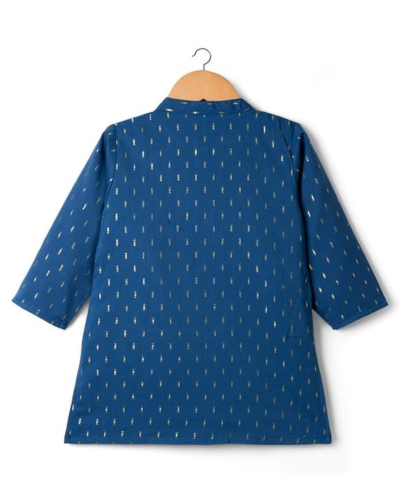 Babyhug Lurex Dobby Woven Full Sleeves Kurta Dhoti Set with Foil Print - Navy Blue