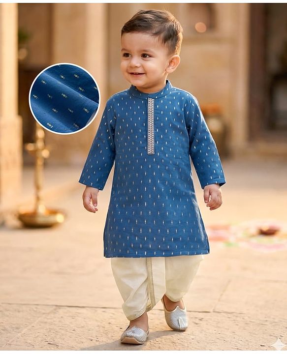 Babyhug Lurex Dobby Woven Full Sleeves Kurta Dhoti Set with Foil Print - Navy Blue