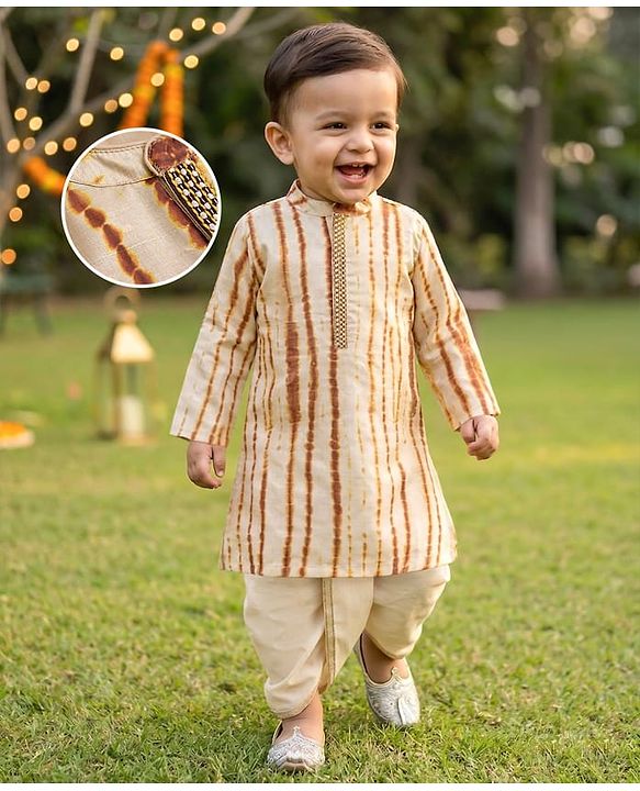 Babyhug Cambric Woven Full Sleeves Tie & Dye Kurta Dhoti Set - Beige
