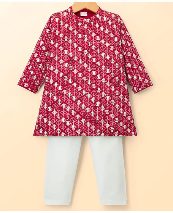 Babyhug Georgette Woven Full Sleeves Kurta Pyjama Set with Floral Embroidery - Maroon
