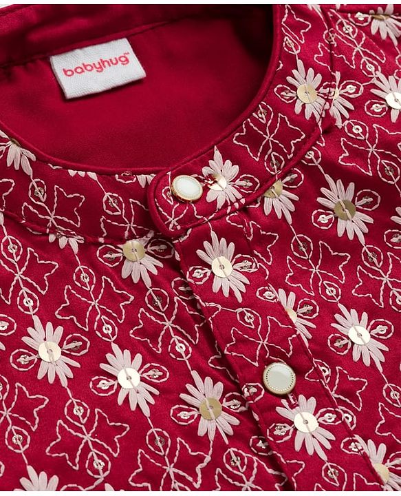 Babyhug Georgette Woven Full Sleeves Kurta Pyjama Set with Floral Embroidery - Maroon
