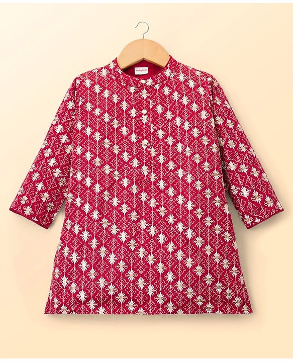 Babyhug Georgette Woven Full Sleeves Kurta Pyjama Set with Floral Embroidery - Maroon