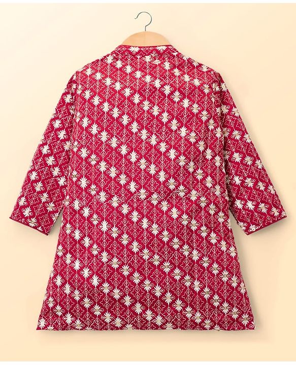 Babyhug Georgette Woven Full Sleeves Kurta Pyjama Set with Floral Embroidery - Maroon
