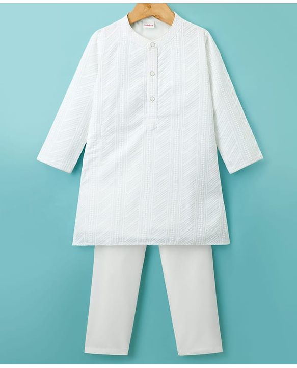 Babyhug Georgette Woven Full Sleeves Kurta Pyjama Set with Self Embroidery - White