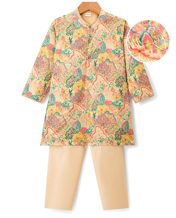Babyhug Woven Full Sleeves Kurta Pajama Set With Floral Print & Embroidery- Multicolour