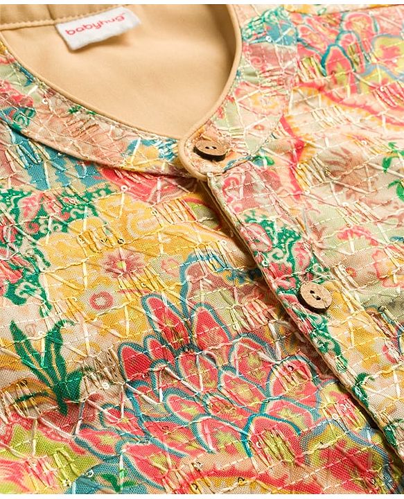 Babyhug Woven Full Sleeves Kurta Pajama Set With Floral Print & Embroidery- Multicolour