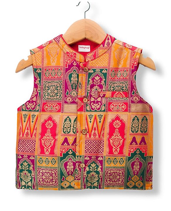 Babyhug Cambric Woven Full Sleeves Kurta Pajama Set with Embroidered Jacket - Red