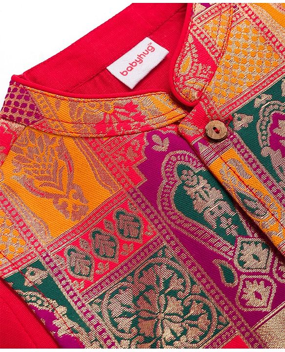Babyhug Cambric Woven Full Sleeves Kurta Pajama Set with Embroidered Jacket - Red