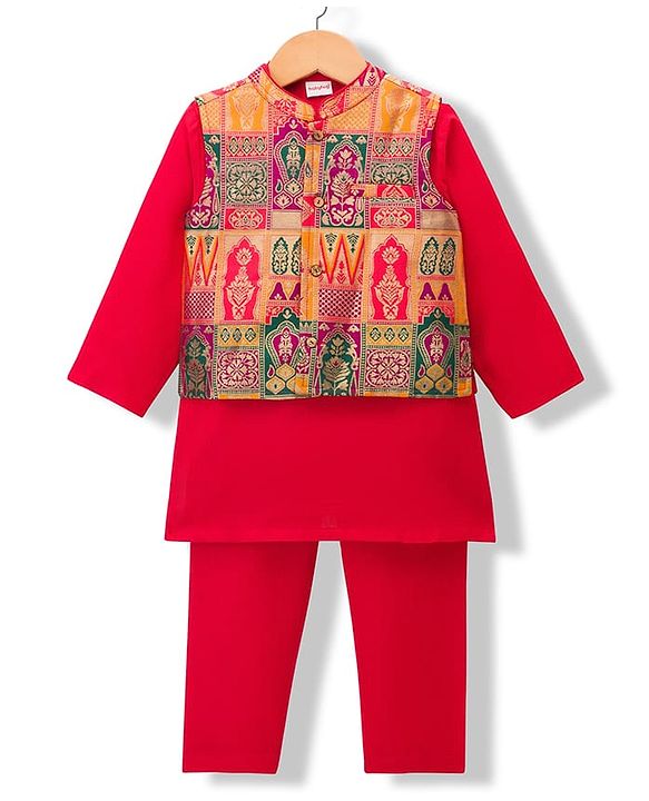 Babyhug Cambric Woven Full Sleeves Kurta Pajama Set with Embroidered Jacket - Red