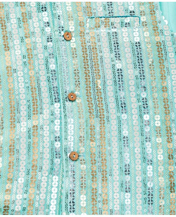 Babyhug Cambric Woven Full Sleeves Kurta Pajama & Jacket Set With Sequin Detailing - Aqua
