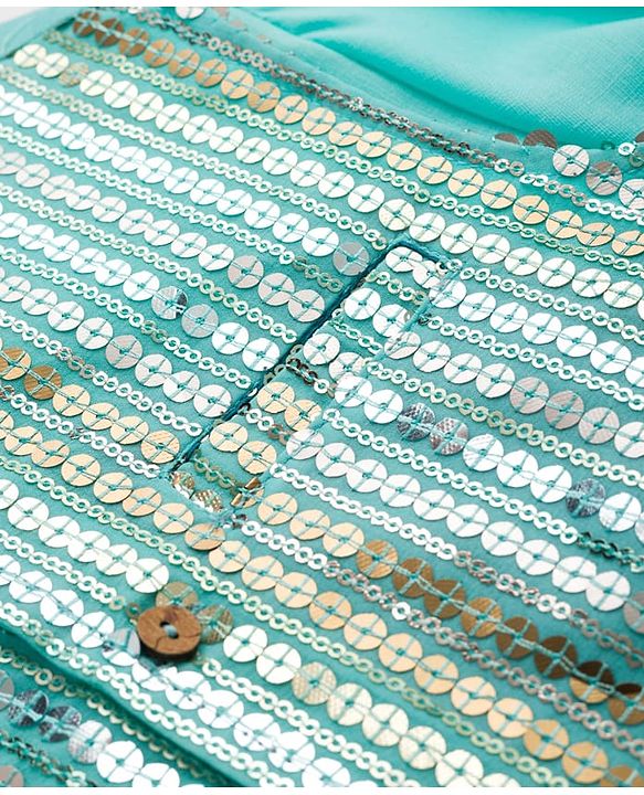 Babyhug Cambric Woven Full Sleeves Kurta Pajama & Jacket Set With Sequin Detailing - Aqua
