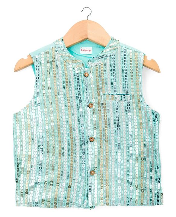 Babyhug Cambric Woven Full Sleeves Kurta Pajama & Jacket Set With Sequin Detailing - Aqua