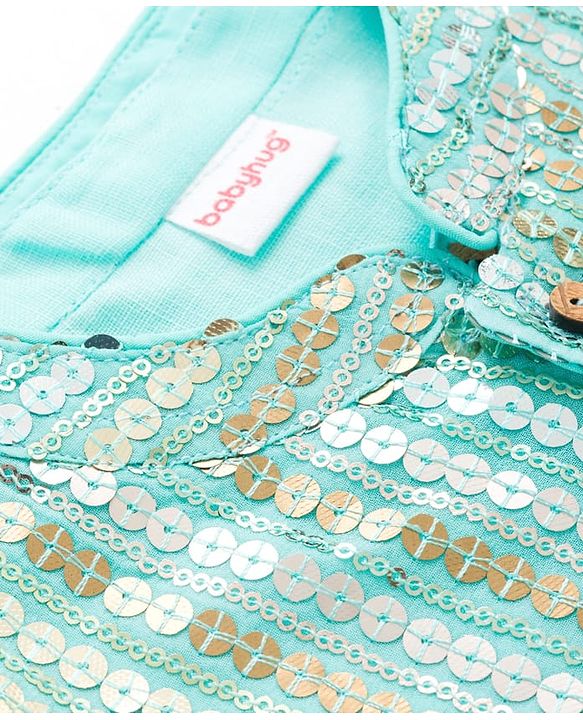 Babyhug Cambric Woven Full Sleeves Kurta Pajama & Jacket Set With Sequin Detailing - Aqua