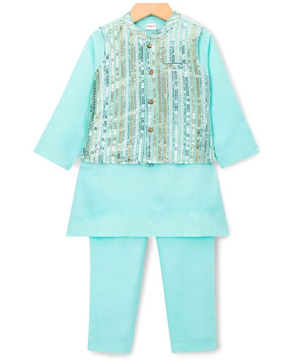 Babyhug Cambric Woven Full Sleeves Kurta Pajama & Jacket Set With Sequin Detailing - Aqua
