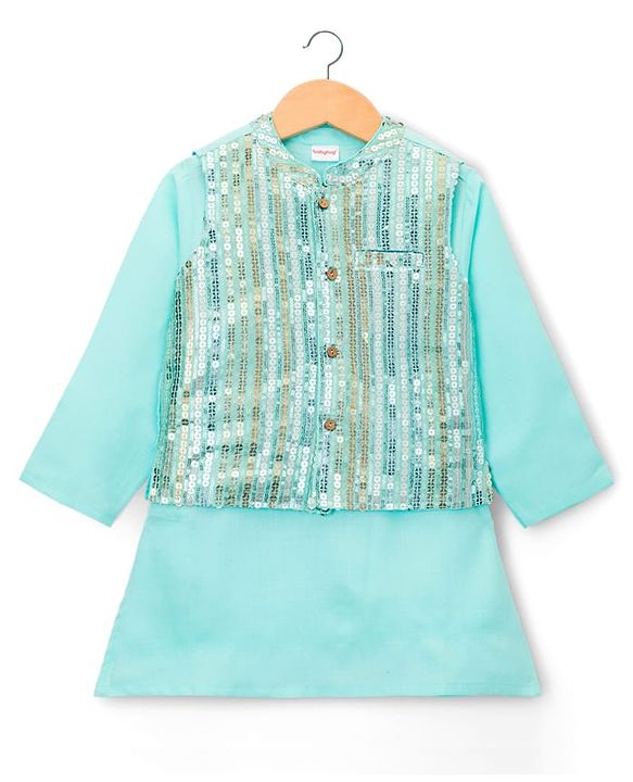 Babyhug Cambric Woven Full Sleeves Kurta Pajama & Jacket Set With Sequin Detailing - Aqua
