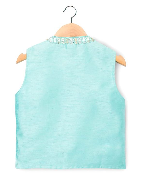 Babyhug Cambric Woven Full Sleeves Kurta Pajama & Jacket Set With Sequin Detailing - Aqua