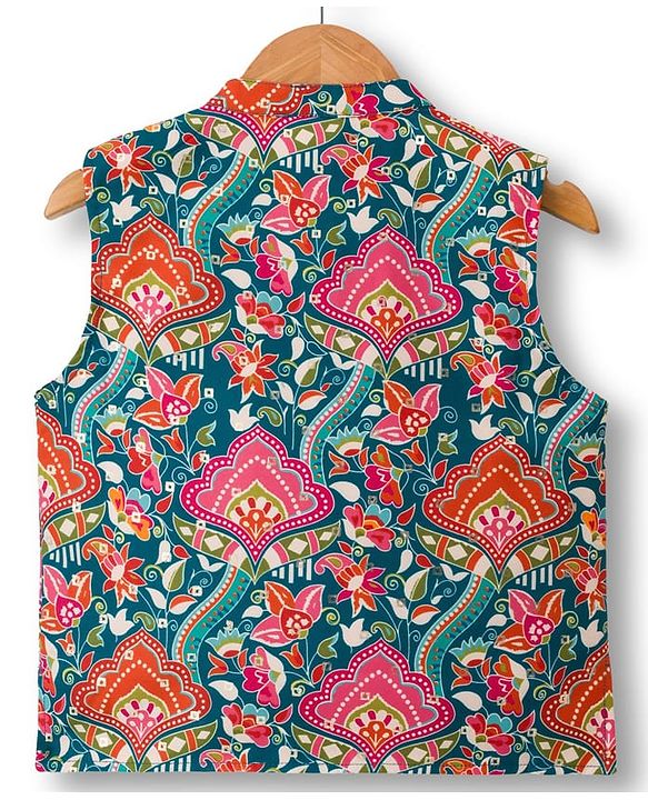 Babyhug Cambric Woven Full Sleeves Kurta Pajama & Jacket Set With Floral Print - Teal Blue