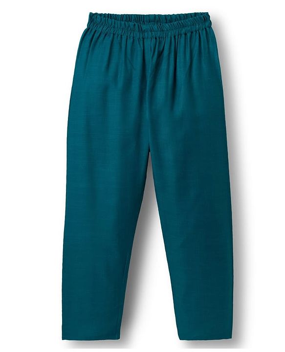 Babyhug Cambric Woven Full Sleeves Kurta Pajama & Jacket Set With Floral Print - Teal Blue