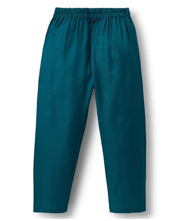 Babyhug Cambric Woven Full Sleeves Kurta Pajama & Jacket Set With Floral Print - Teal Blue
