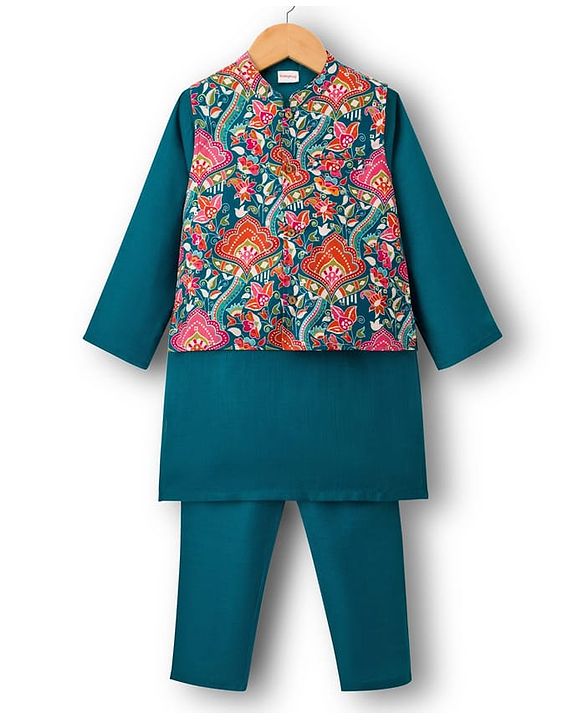 Babyhug Cambric Woven Full Sleeves Kurta Pajama & Jacket Set With Floral Print - Teal Blue
